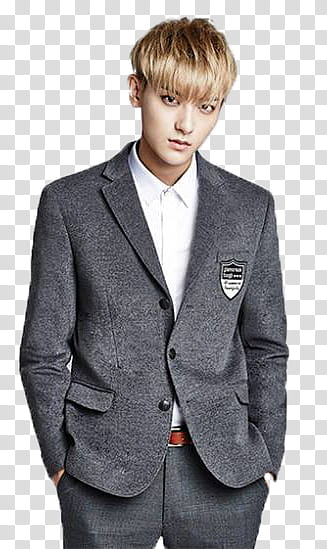 EXO IVY CLUB, man in heather-gray notched lapel suit jacket graphic transparent background PNG clipart