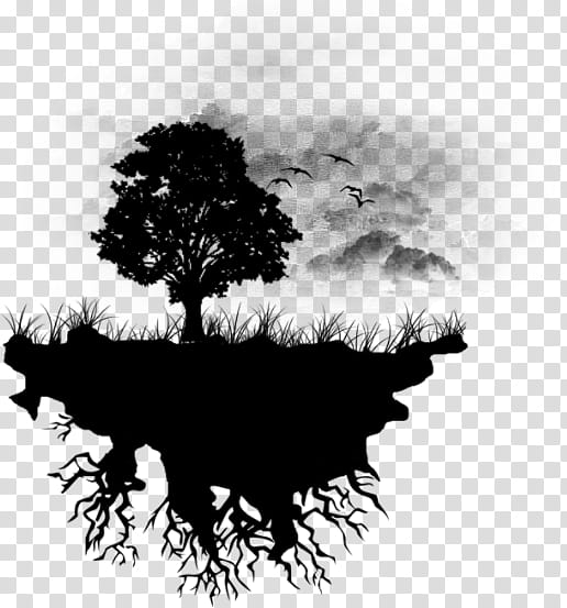 Tree Silhouette, Drawing, Island, Artist, Billabong Black And White L, Floating Island, Digital Art, Blackandwhite transparent background PNG clipart