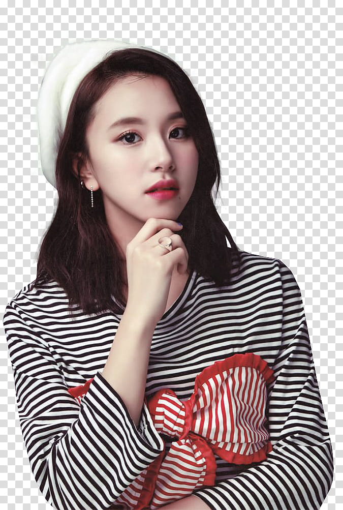 TWICE Tzuyu and Chaeyoung Twicezine HQ, woman in white and black striped long-sleeved shirt transparent background PNG clipart