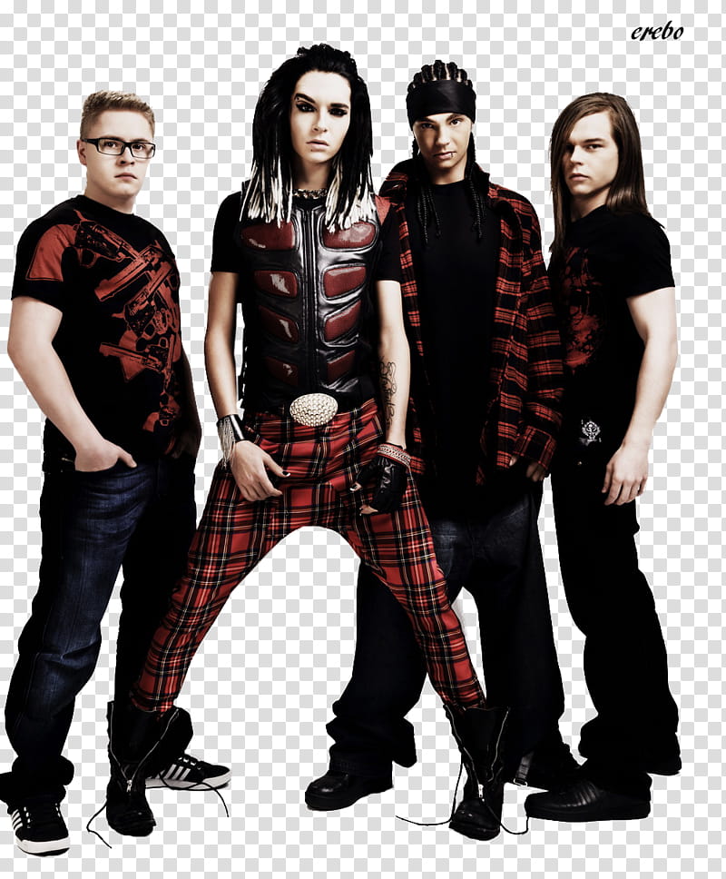 Tokio Hotel, four men in red and black outfits transparent background PNG clipart
