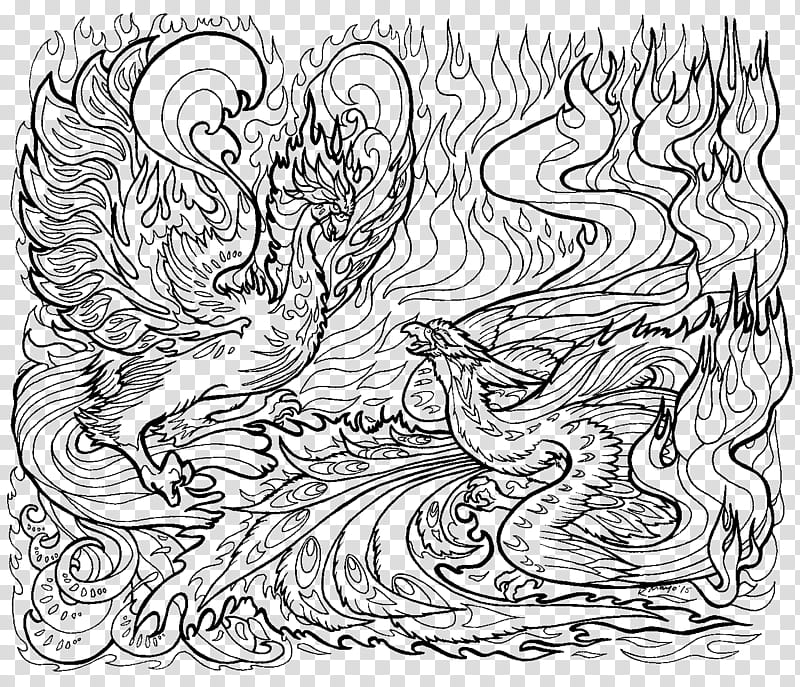 Encroaching Dawn lineart, two Phoenix fighting sketch illustratoin transparent background PNG clipart