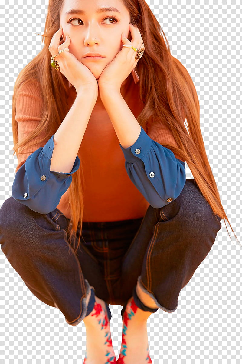 F x, woman squatting with both hands on chin transparent background PNG clipart