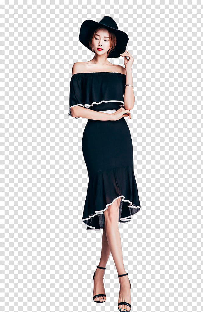 PARK SOO YEON, celebrity actress wearing black sun hat and black dress transparent background PNG clipart