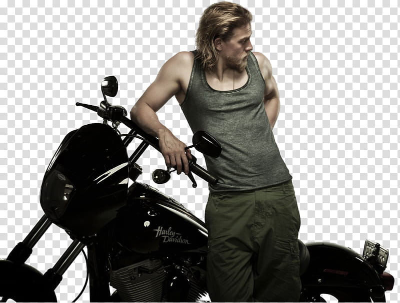 Charlie Hunnam, man leaning beside black motorcycle transparent background PNG clipart