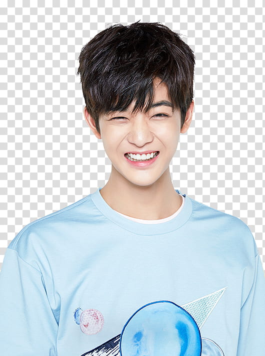 Wanna One Innisfree Part P, smiling man wearing light-blue crew-neck shirt transparent background PNG clipart