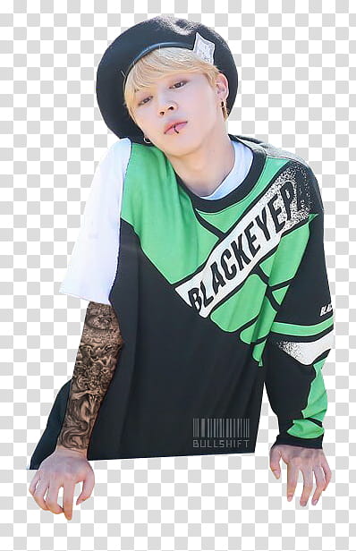 Jikook Tattoo, man wearing green and black crew-neck t-shirt transparent background PNG clipart
