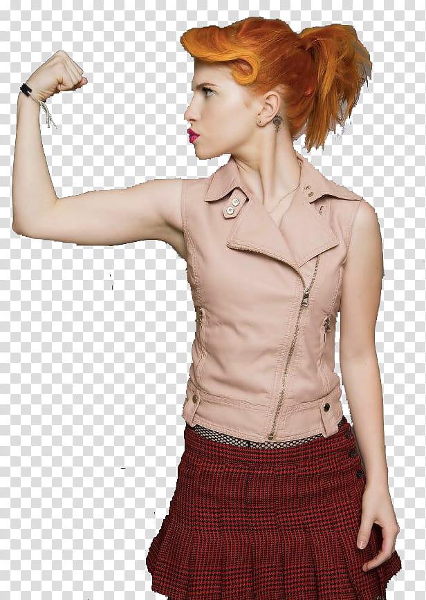 Hayley Williams, woman wearing brown leather collared tops with red mini skirt showing muscle from right arm transparent background PNG clipart