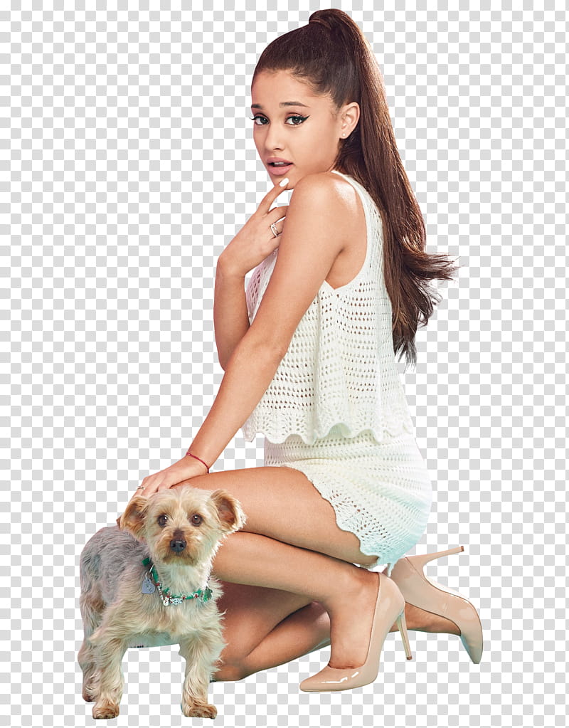 Ariana Grande , woman in white sleeveless dress beside white dog transparent background PNG clipart