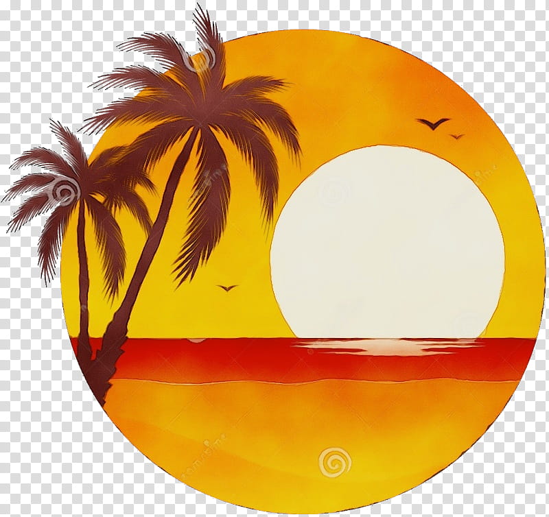 Palm Tree Drawing, Watercolor, Paint, Wet Ink, Sunset, Silhouette, Yellow, Orange transparent background PNG clipart