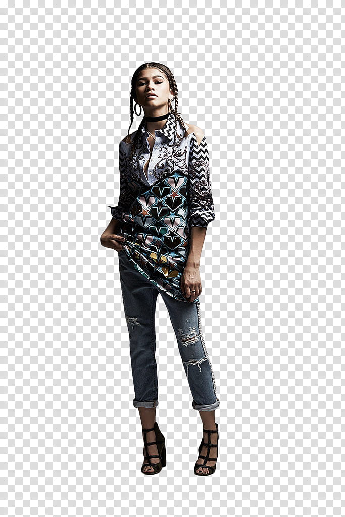 Zendaya Coleman, woman wearing black and multicolored floral dress and distressed blue denim jeans transparent background PNG clipart