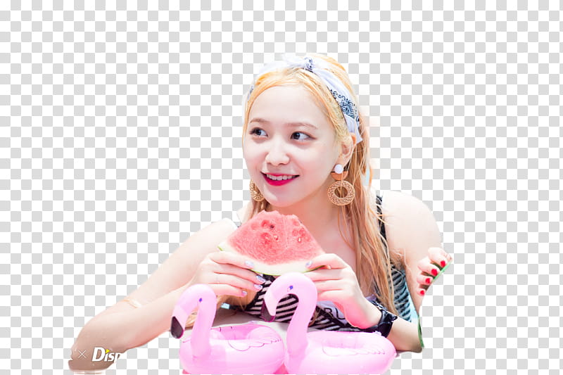 Red Velvet Keri smiling while holding sliced watermelon fruit transparent background PNG clipart