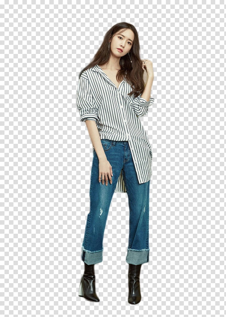 woman wearing black and white striped button-up shirt and blue denim jeans transparent background PNG clipart