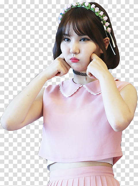 Eunha GFriend Fansign , woman in pink sleeveless top squeezing her cheeks transparent background PNG clipart