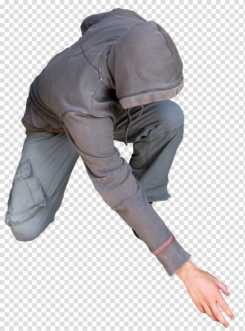Crouching, man wearing gray pullover hoodie transparent background PNG clipart