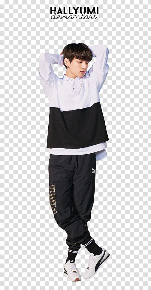 BTS PUMA, man standing wearing black and white long-sleeved shirt and both hands back head transparent background PNG | HiClipart