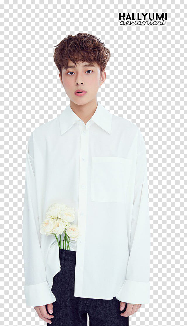 Yoo Seonho, standing man wearing white dress shirt and white petaled flower on on hip transparent background PNG clipart