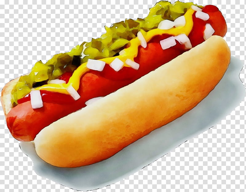 Junk Food, Watercolor, Paint, Wet Ink, Hot Dog, Sausage Bun, Chili Dog, Hot Dog Bun transparent background PNG clipart