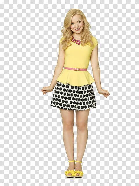 Dove Cameron, woman in yellow cap-sleeved top and dotted mini skirt transparent background PNG clipart