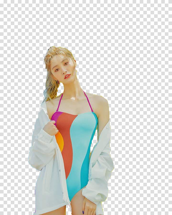 EXID Junghwa Ceci wearing multicolored spaghetti strap swimsuit standing transparent background PNG clipart
