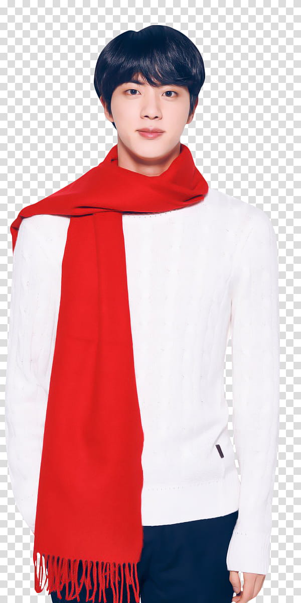 BTS BTS X LG MERRY CHRISTMAS, man wearing white sweat shirt with red scarf transparent background PNG clipart