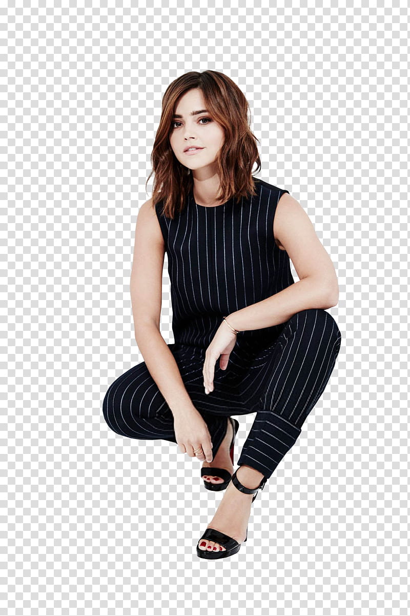 Jenna Coleman, woman in black and white pinstriped shirt in sitting position transparent background PNG clipart
