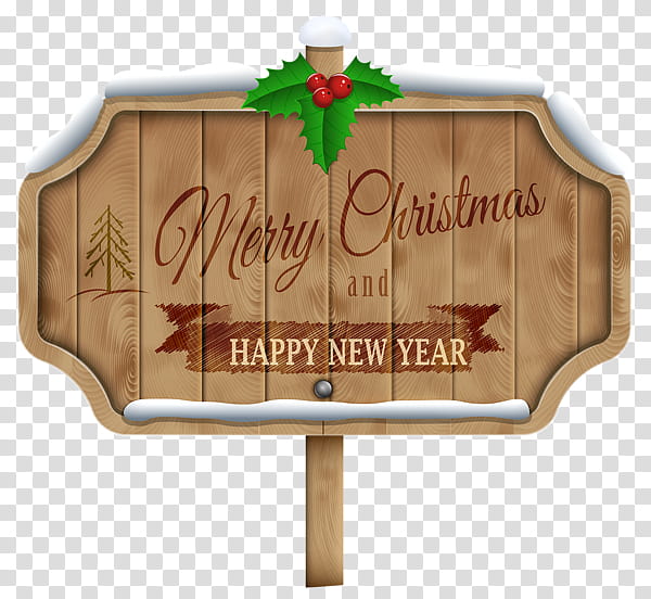 brown wooden Merry Christmas and Happy New Year signage transparent background PNG clipart