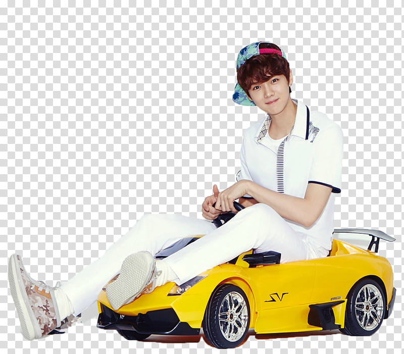 Luhan, man sitting on yellow ride-on toy car transparent background PNG clipart