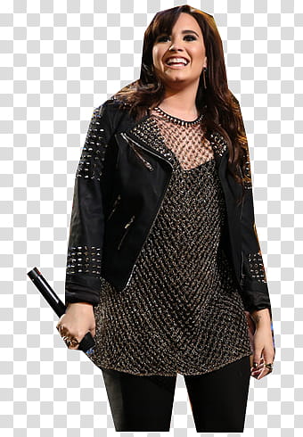 Demi Lovato, smiling woman standing holding microphone transparent background PNG clipart