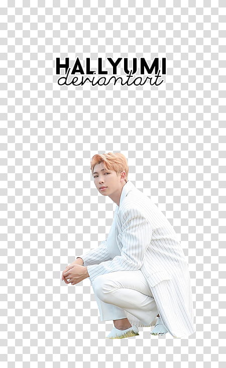 RM, man in white cardigan crouching transparent background PNG clipart