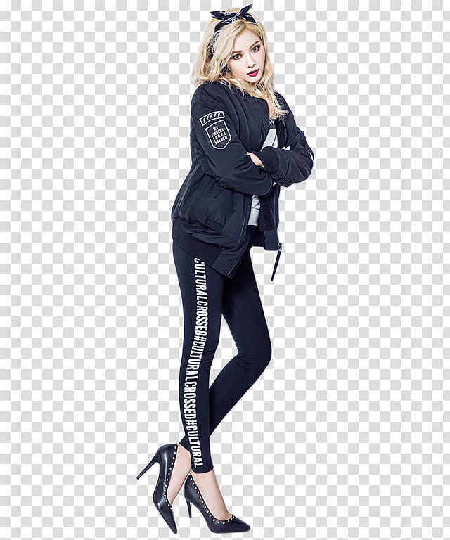 HYUNA, woman in black-and-white zip-up windbreaker and leggings transparent background PNG clipart