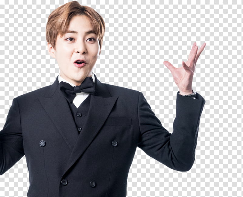 XIUMIN EXO, man wearing black coat raising his arms transparent background PNG clipart