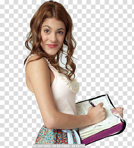 Violetta de Disney, woman in white tank top holding book and pen transparent background PNG clipart