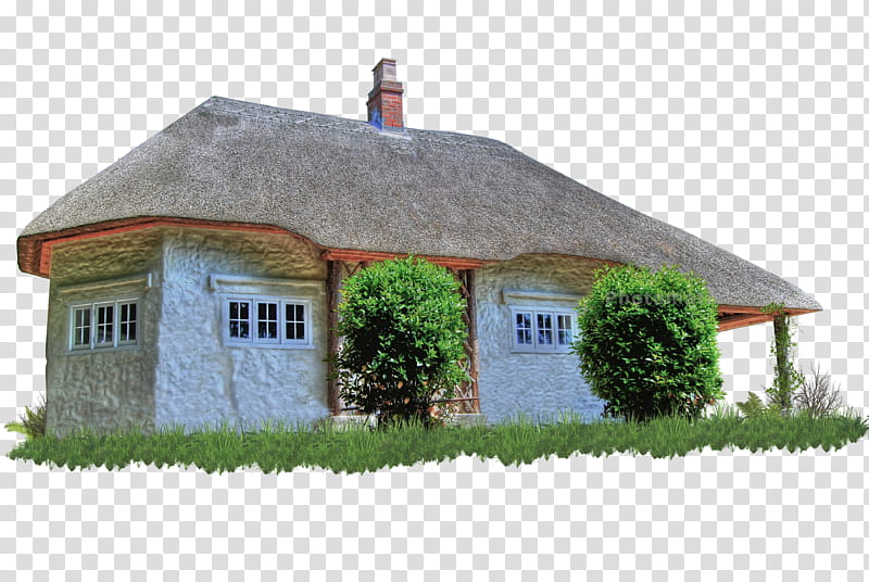 Fairytale Thatched Cottage, white concrete house transparent background PNG clipart