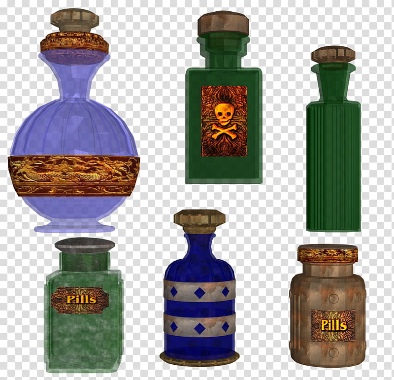 TWD Potions and Pills One, six glass bottles transparent background PNG clipart
