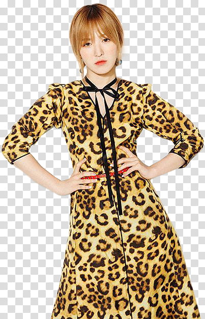 Red Velvet Vogue Girl Japan, woman in brown and black leopard print dress hand on waist transparent background PNG clipart