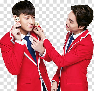 EXO KFC CHINA, two men wearing red suit jackets transparent background PNG clipart