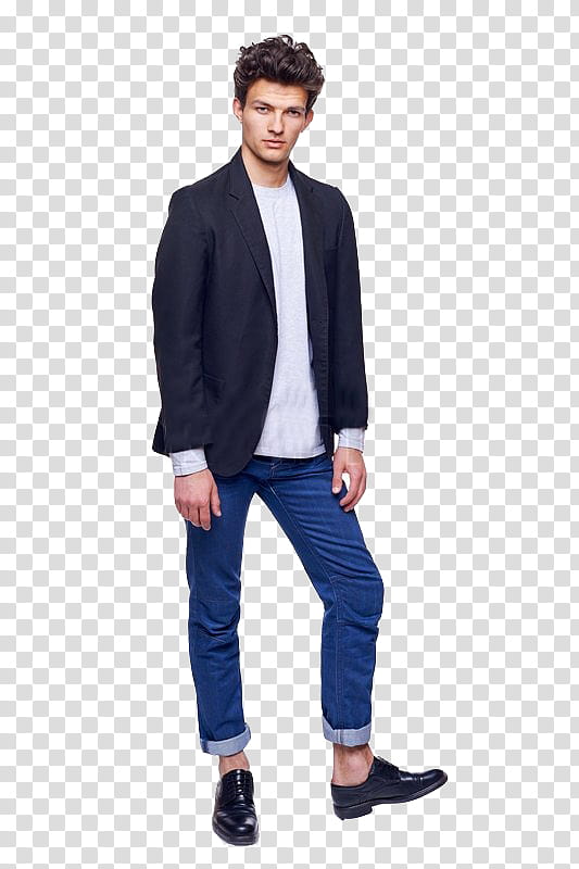 People , man wearing black suit jacket and blue denim fitted jeans transparent background PNG clipart
