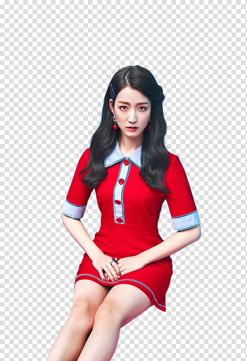 GUGUDAN CHOCOCO, woman sitting wearing shirtwaist collared elbow-sleeved minidress transparent background PNG clipart