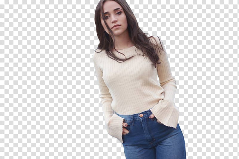 Carolina Kopelioff , woman wearing white scoop-neck long-sleeved shirt and blue denim bottoms transparent background PNG clipart