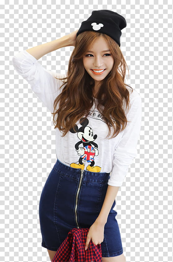 woman wearing white and black Mickey Mouse graphic long-sleeved shirt and blue denim skirt transparent background PNG clipart