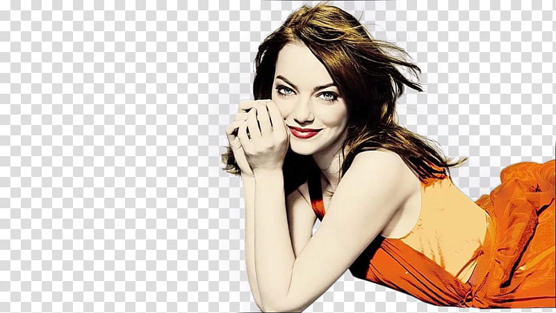 Emma Stone O, smiling Emma Stone wearing orange dress transparent background PNG clipart