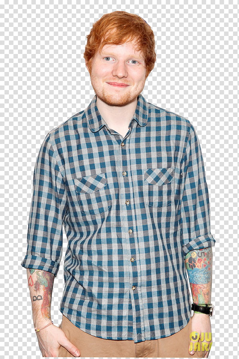 Ed Sheeran presentacion  de Julio , standing and smiling Ed Sheeran in blue and green checked western shirt with two hands on pocket transparent background PNG clipart