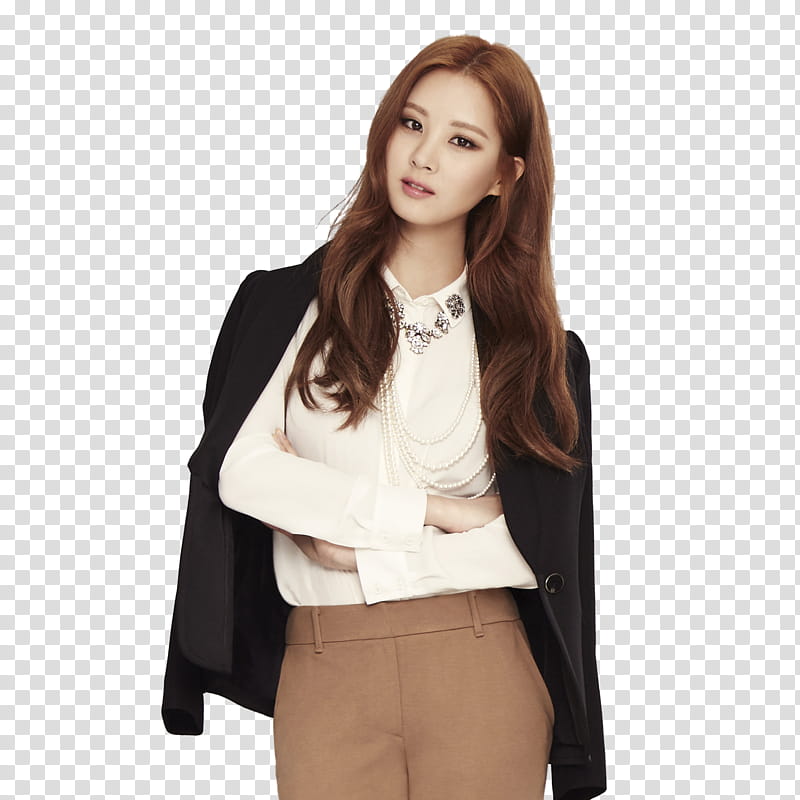 TaeTiSeo MIXXO P, woman in white long-sleeved shirt and black cardigan transparent background PNG clipart