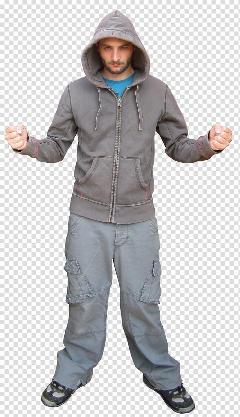 Standing, man wears grey zip-up hoodie transparent background PNG clipart