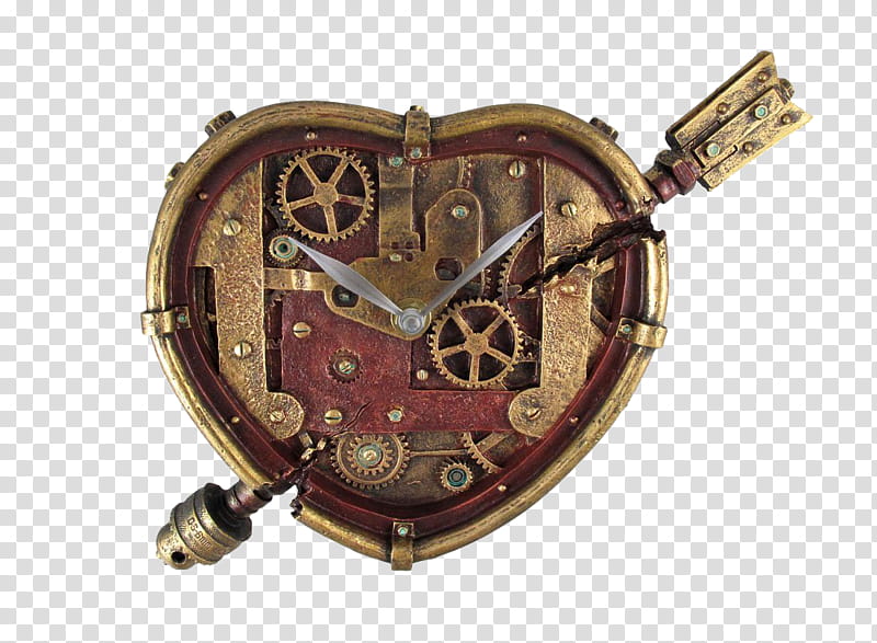 Steampunk, gold-colored heart analog watch transparent background PNG clipart