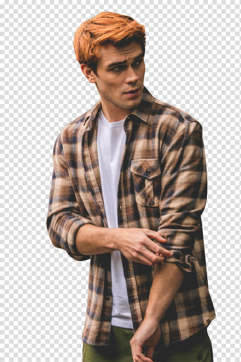 KJ Apa, man wearing brown and black plaid collared long-sleeved shirt transparent background PNG clipart