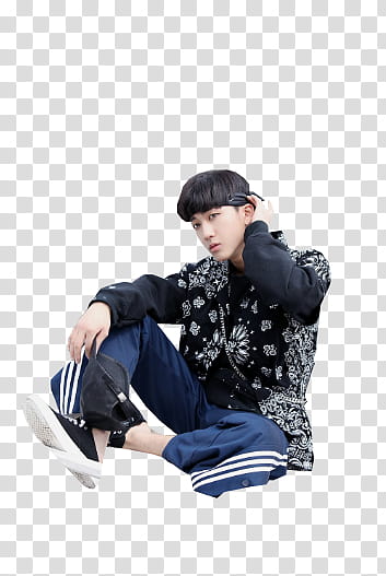 STRAY KIDS  STAR , man wearing black and white blazer and blue and white track pants transparent background PNG clipart