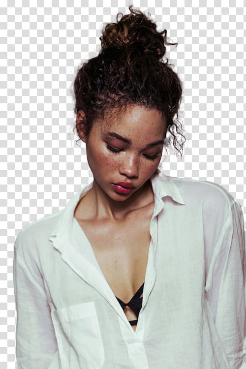 Ashley Moore, woman wearing white dress shirt looking down transparent background PNG clipart