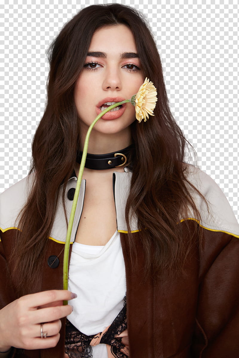 Dua Lipa, woman holding beige flower transparent background PNG clipart