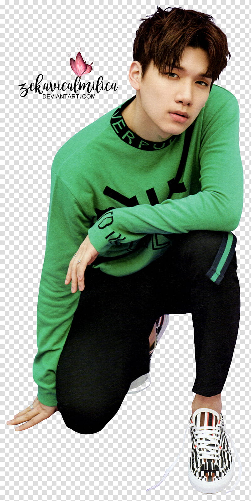 VIXX Hyuk Zelos, male Korean star in green long-sleeved shirt transparent background PNG clipart